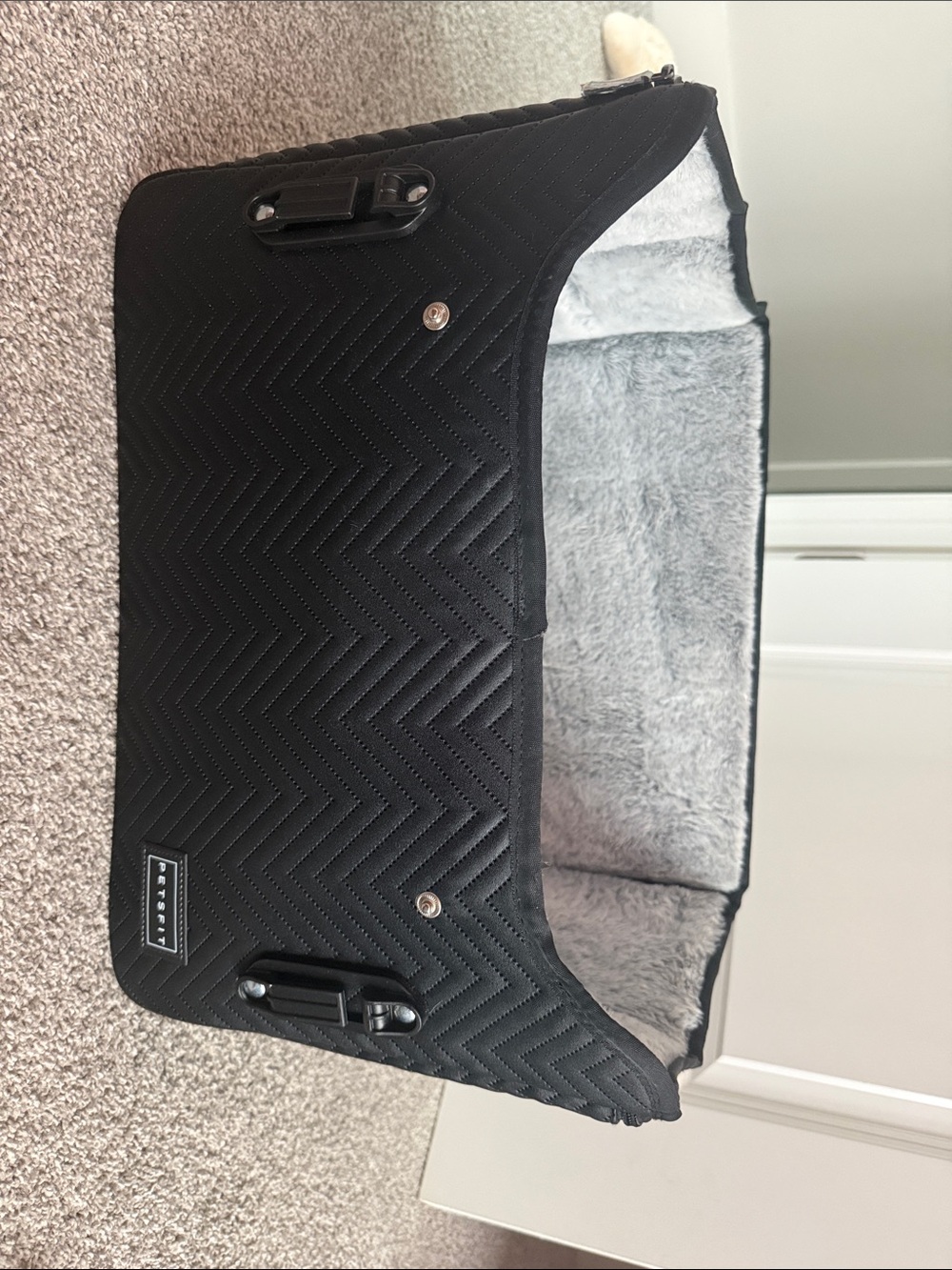 Quilted Black Dog Car booster seat with Plush Gray Interior